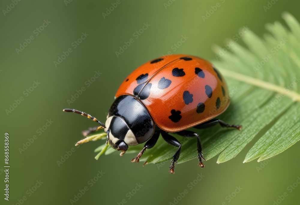 Fototapeta premium A green leaf with a ladybug (Coccinellidae), a small insect commonly known as a ladybird or ladybug