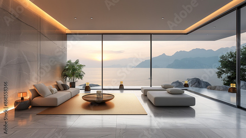 modern living room With a beautiful ocean sunset view outside the window