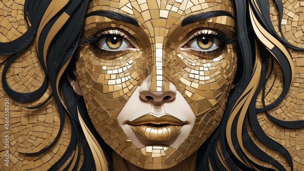 A striking golden mosaic portrait set against a complementary black and gold background with intricate details. A striking golden mosaic portrait set against a complementary black and gold background with intricate details.