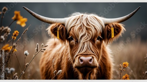 A highland cow with a shaggy coat and long horns stands in a field, surrounded by yellow flowers on a cloudy day.