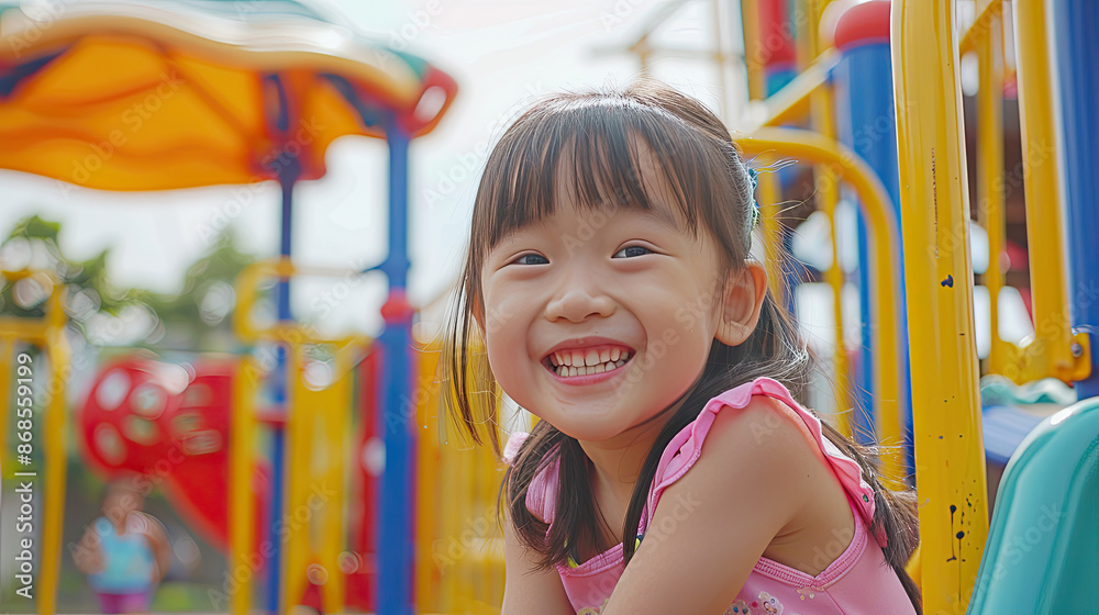 A cute Asian girl smiles while playing on a school or kindergarten playground, . A cute Asian girl smiles while playing on a school or kindergarten playground, .