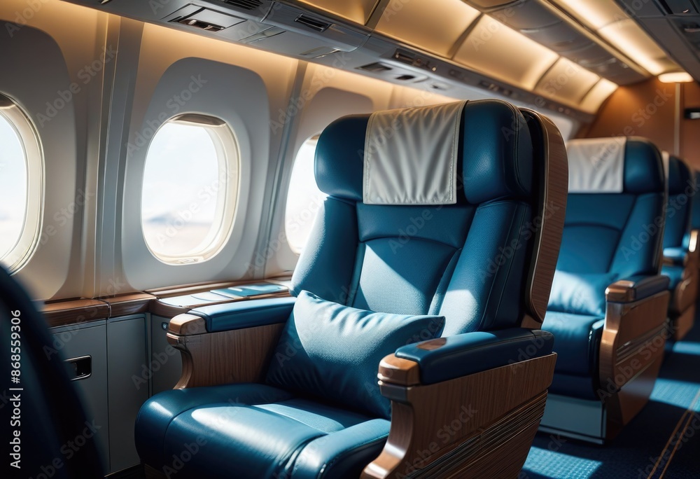 A three-dimensional rendering illustration of the interior of an airplane, featuring comfortable blue seats in a cosy and modern cabin design A three-dimensional rendering illustration of the interior of an airplane, featuring comfortable blue seats in a cosy and modern cabin design