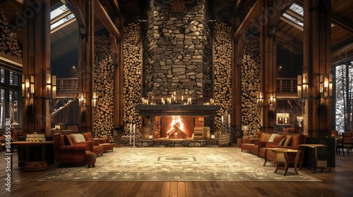 mountain ski lodge with a grand fireplace surrounded by walls of stacked logs, creating a cozy and inviting atmosphere