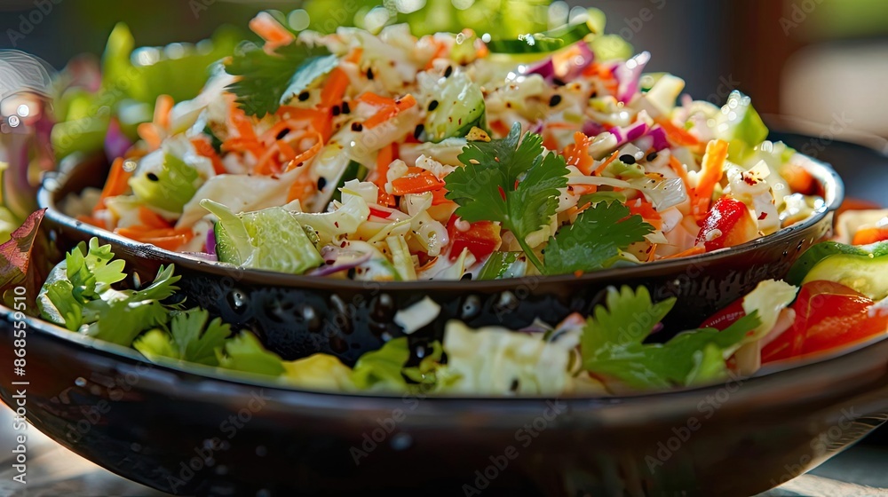 A vibrant and colorful fresh vegetable salad in a black bowl, garnished with cilantro, perfect for a healthy and nutritious meal. A vibrant and colorful fresh vegetable salad in a black bowl, garnished with cilantro, perfect for a healthy and nutritious meal.