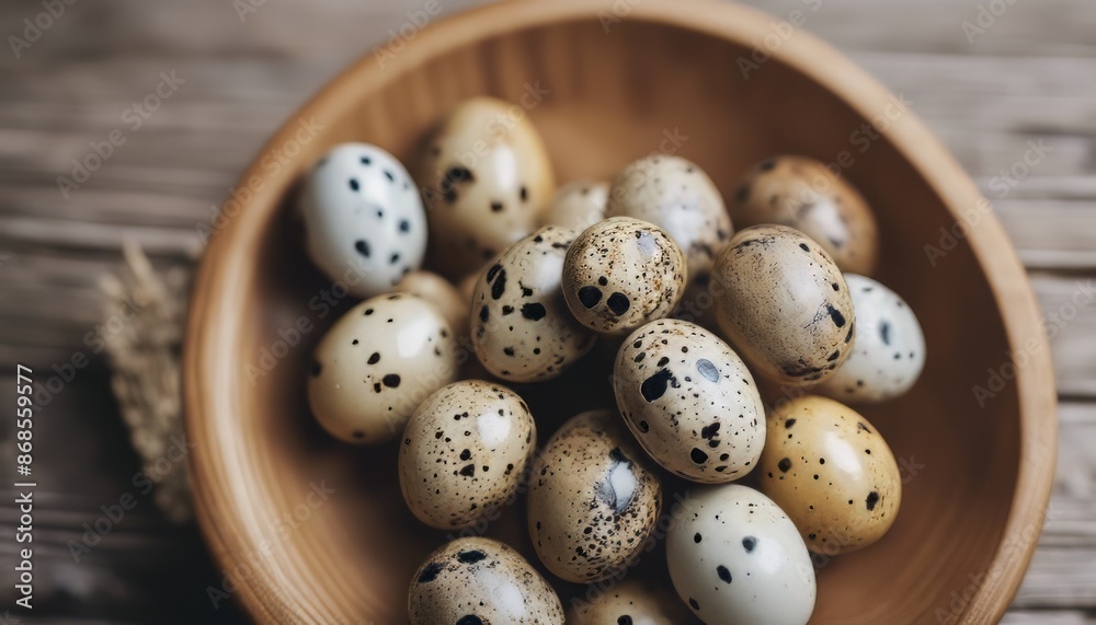 Top view of small quail eggs on a wooden bowl on a wooden background with copy space Top view of small quail eggs on a wooden bowl on a wooden background with copy space