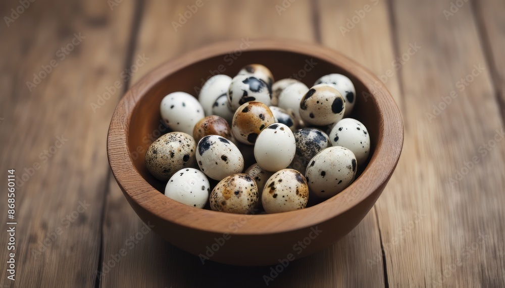 Top view of small quail eggs on a wooden bowl on a wooden background with copy space Top view of small quail eggs on a wooden bowl on a wooden background with copy space