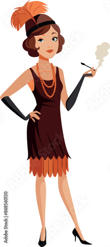 Elegant flapper girl in 1920s fashion, smoking cigarette and wearing orange feather headband