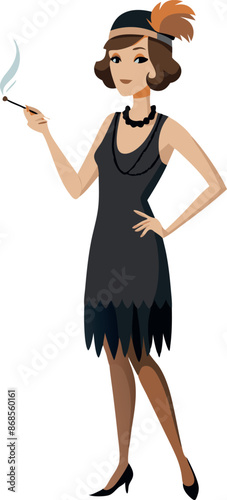 Elegant flapper woman smoking cigarette in 1920s style attire