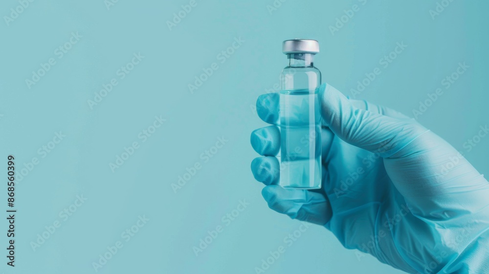 Hand in blue medical gloves holding a vaccine vial with blank white space for text. Healthcare concept with copyspace Hand in blue medical gloves holding a vaccine vial with blank white space for text. Healthcare concept with copyspace