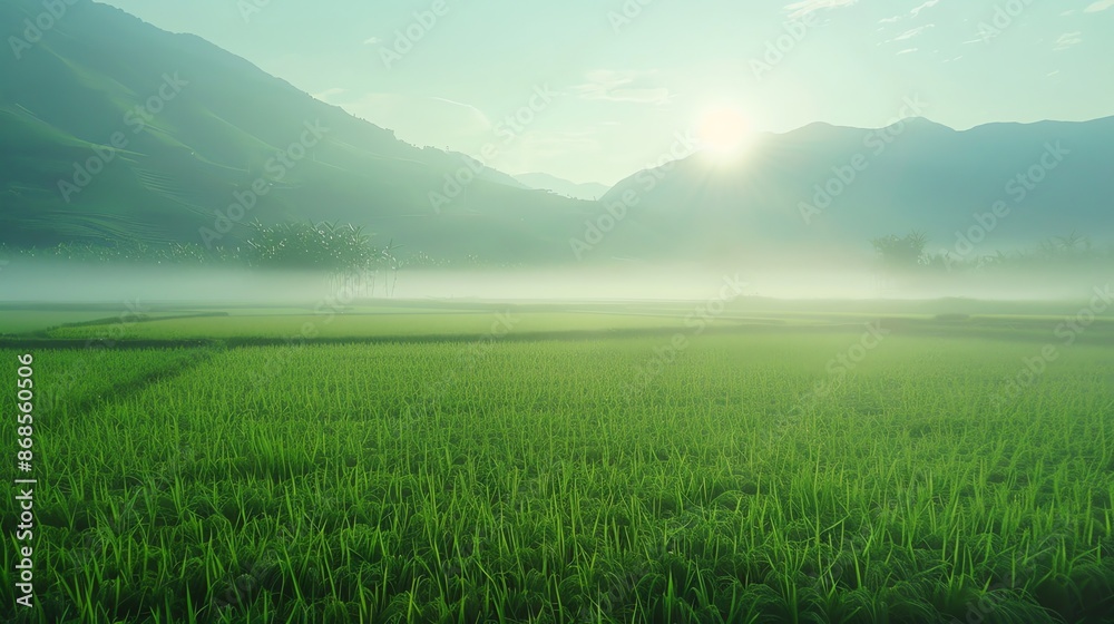 Fototapeta premium expansive views of rice fields with beautiful mountain backdrops
