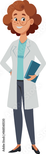 Smiling female scientist in lab coat holding a book isolated on white background