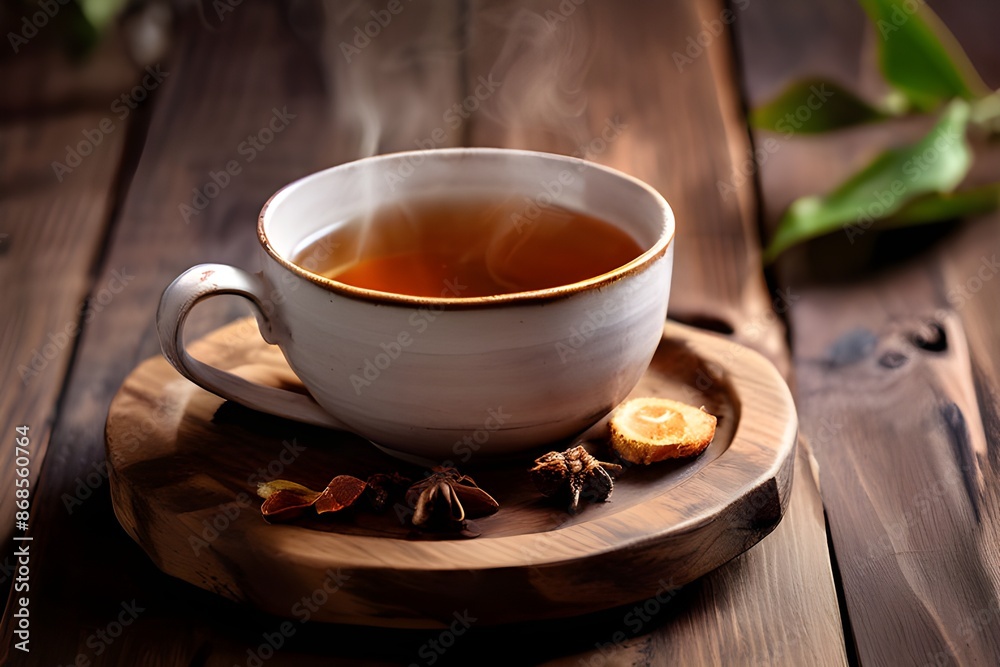 A cup of spiced tea on a wooden table. A cup of spiced tea on a wooden table.