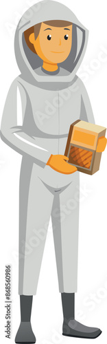 Illustration of a beekeeper in protective suit holding a honeycomb box