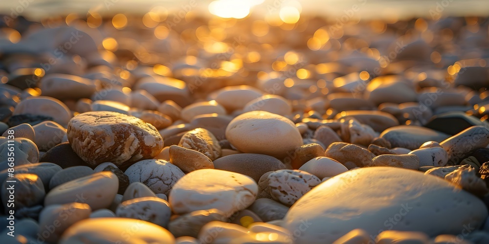 Fototapeta premium Sunlit stones A tranquil setting. Concept Nature Photography, Serene Landscapes, Peaceful Scenes, Golden Hour Shots