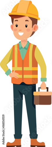 Smiling cartoon construction worker in safety vest and hard hat holding a toolbox