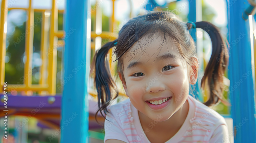 A cute Asian girl smiles while playing on a school or kindergarten playground, . A cute Asian girl smiles while playing on a school or kindergarten playground, .
