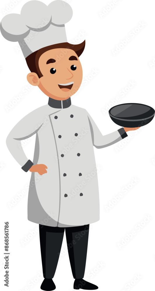 Cartoon chef holding a frying pan in a white uniform and smiling Cartoon chef holding a frying pan in a white uniform and smiling