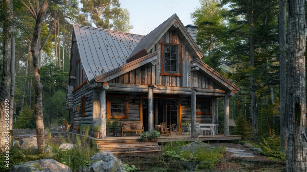 rustic cabin with exterior cedar wood cladding, nestled in a forest rustic cabin with exterior cedar wood cladding, nestled in a forest
