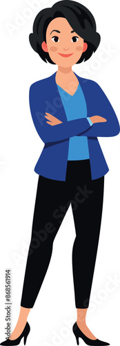 Confident businesswoman illustration with crossed arms, wearing a blue blazer, black pants, and heels