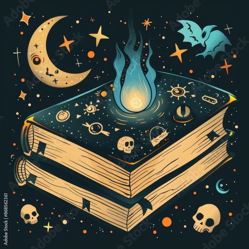 Mystical Old Book with Enigmatic Symbols - Flat Design Illustration of Spooky Antique Tome with Secret Writing and Ancient Glyphs