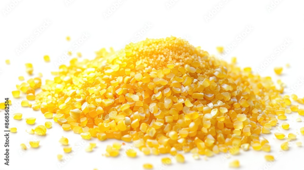 A pile of corn kernels arranged neatly on a clean white surface A pile of corn kernels arranged neatly on a clean white surface