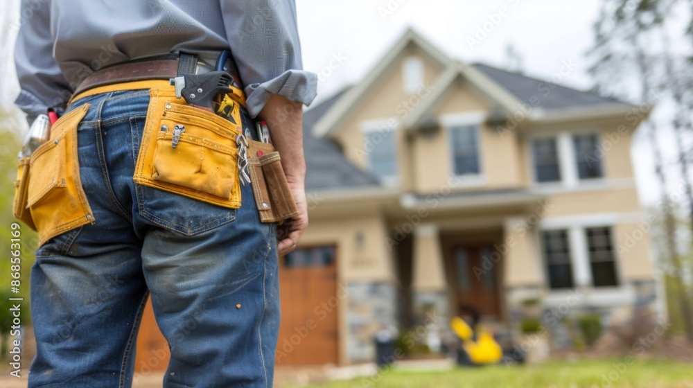 Home service technician with a tool belt in front of a house Home service technician with a tool belt in front of a house