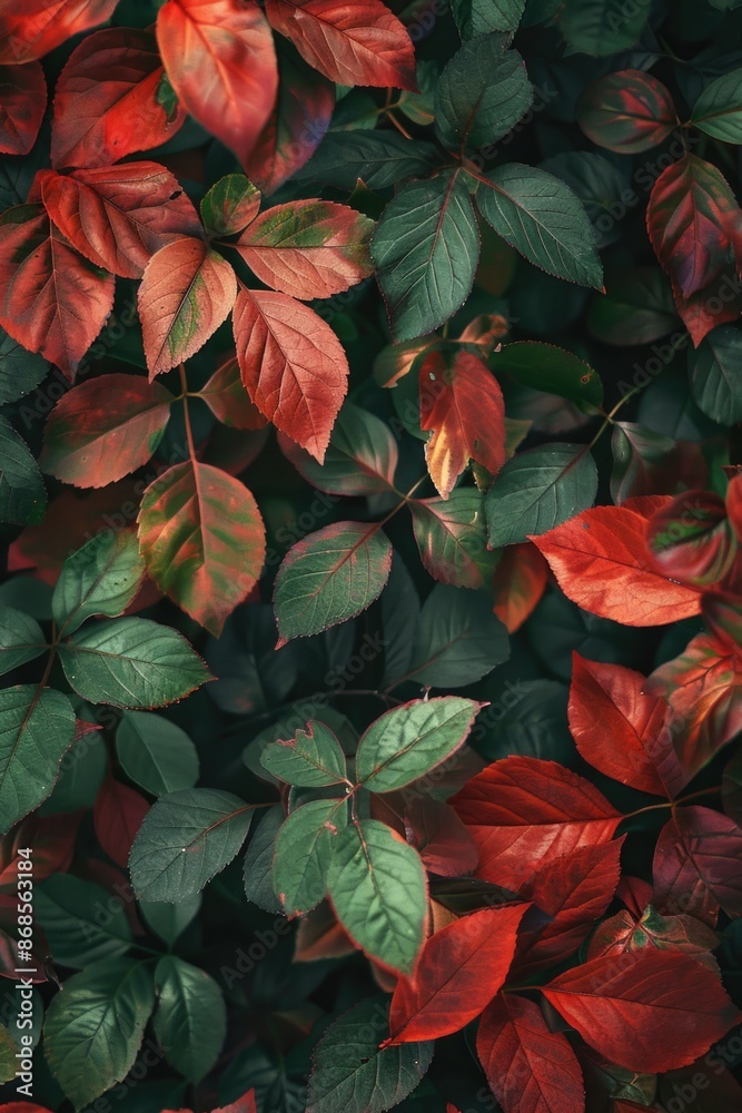 A close-up shot of a bunch of red and green leaves with intricate details A close-up shot of a bunch of red and green leaves with intricate details