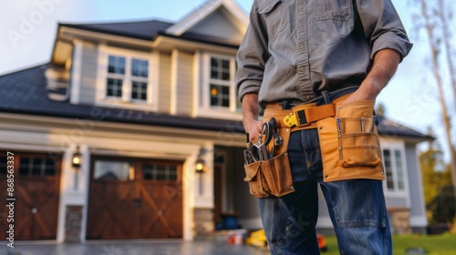 Home service technician with a tool belt in front of a house © Adi
