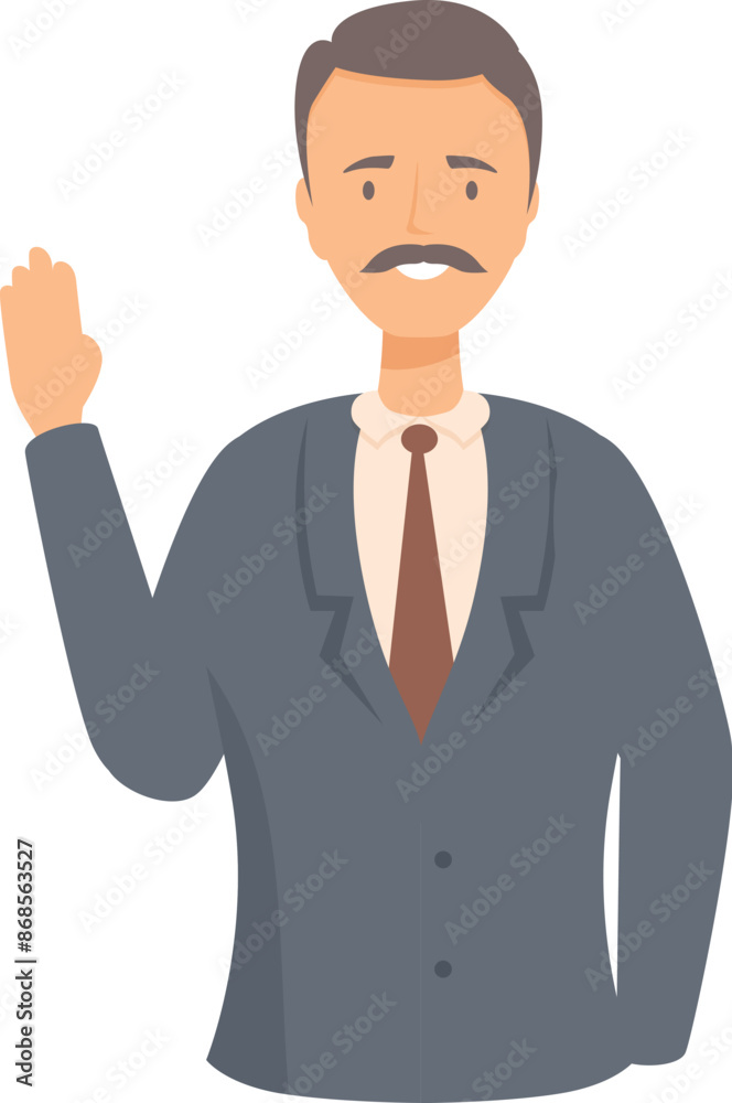 Businessman with a mustache is raising his hand in greeting Businessman with a mustache is raising his hand in greeting