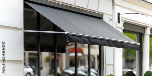Black Friday promotion at a shop with a black awning. Concept Black Friday Sale, Shop Promotion, Awning Discount, Retail Deals, Shopping Savings photo