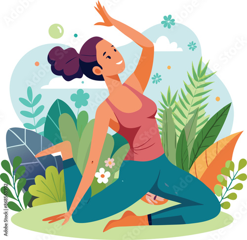 Woman practicing yoga in nature surrounded by plants and flowers