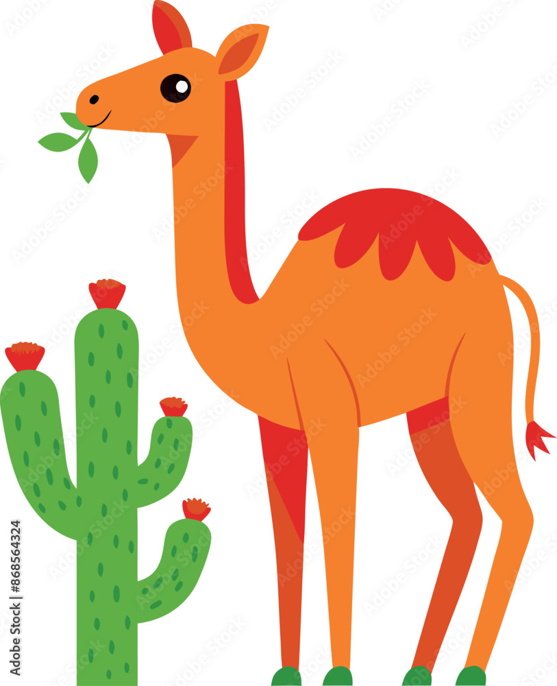 Naklejka premium Colorful cartoon camel eating leaves near a cactus in a desert setting