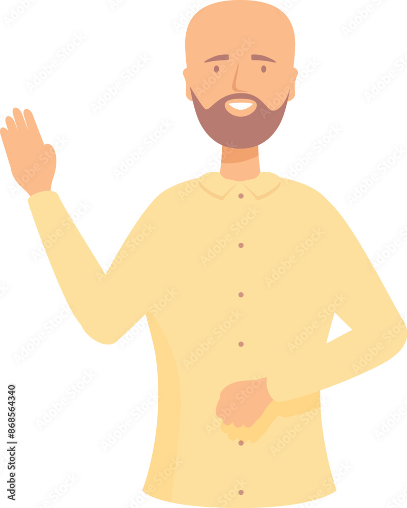 Fototapeta premium Smiling bald man with beard raising hand in greeting gesture