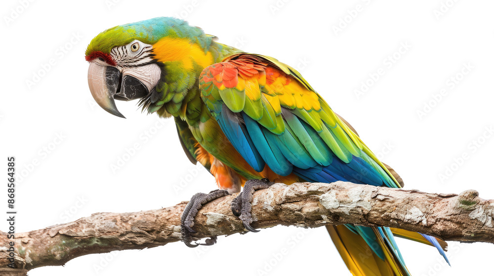 Tropical parrot on a branch on white background Tropical parrot on a branch on white background
