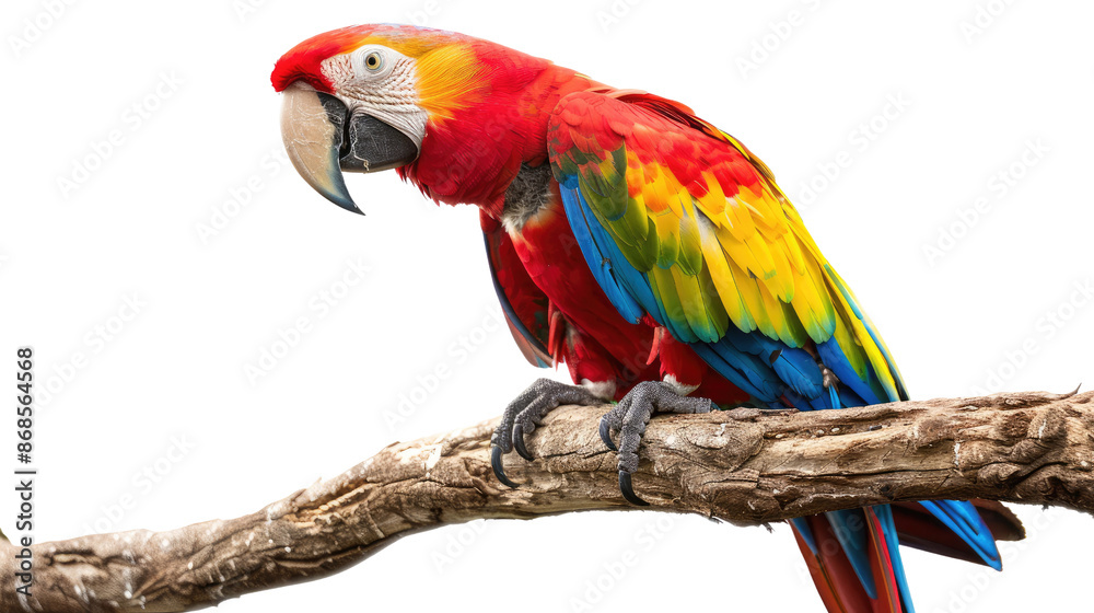 Obraz premium Tropical parrot on a branch on white background