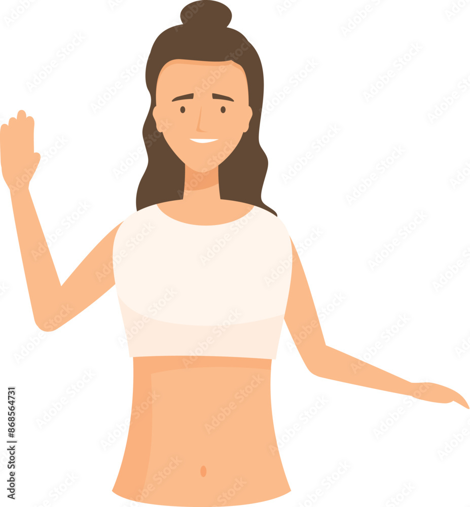 Smiling young woman raising her hand in greeting gesture, waving hello or goodbye, friendly greeting or farewell gesture Smiling young woman raising her hand in greeting gesture, waving hello or goodbye, friendly greeting or farewell gesture