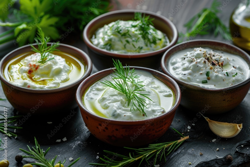 Three colorful bowls filled with various dips, garnished with fresh herbs and olives, perfect for snacking or entertaining Three colorful bowls filled with various dips, garnished with fresh herbs and olives, perfect for snacking or entertaining