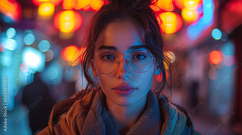Alluring Young Woman with Glasses Smiling in Neon-Lit Night Setting Alluring Young Woman with Glasses Smiling in Neon-Lit Night Setting