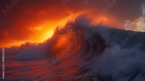 Surfing big waves at sunrise