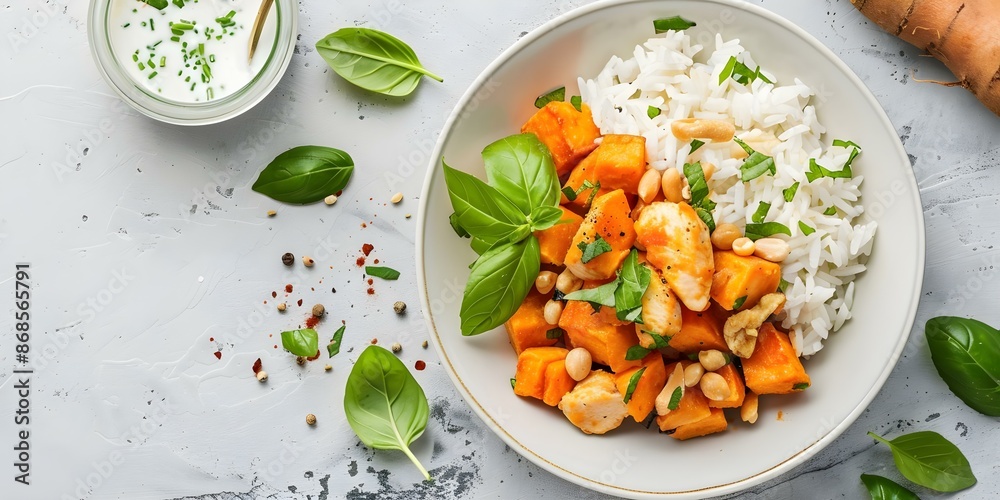 Photo of a paleo meal featuring sweet potato chicken and coconut milk. Concept Paleo Diet, Healthy Eating, Sweet Potato Recipe, Chicken Dinner Ideas, Coconut Milk Recipes Photo of a paleo meal featuring sweet potato chicken and coconut milk. Concept Paleo Diet, Healthy Eating, Sweet Potato Recipe, Chicken Dinner Ideas, Coconut Milk Recipes