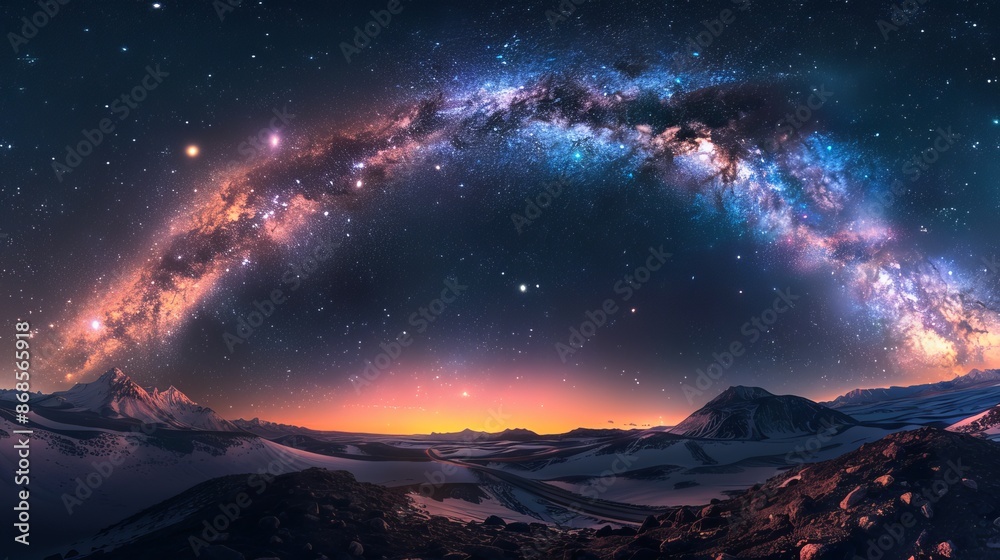 Panoramic View of Milky Way Galaxy Against Night Sky, Stunning Long Exposure Photography