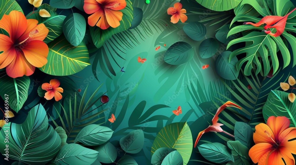 Fototapeta premium Summer banner design, tropical elements on green and color background