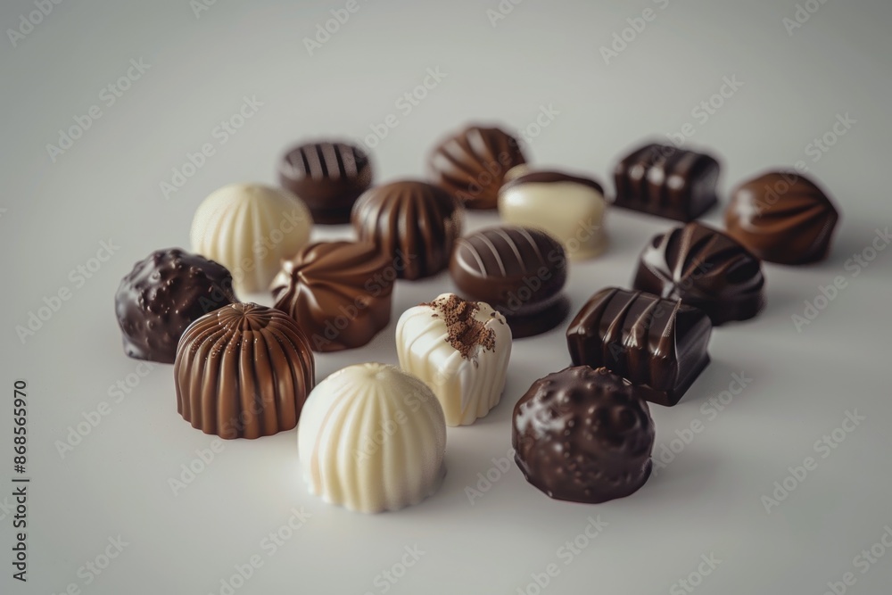 A close-up of various chocolates arranged on a table, great for promoting sweets or desserts A close-up of various chocolates arranged on a table, great for promoting sweets or desserts