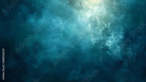 Abstract deep-sea underwater scene with shades of blue and light beams piercing through.