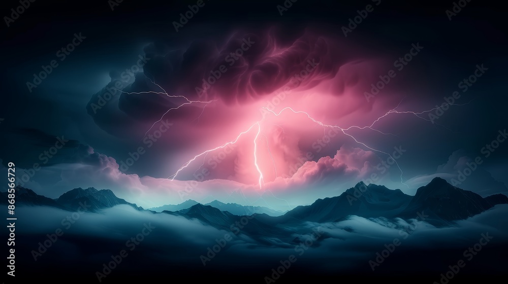 Dramatic night sky pierced by a vibrant pink lightning bolt, highlighting the immense power of nature, clouds aglow with electric energy, a breathtaking display Dramatic night sky pierced by a vibrant pink lightning bolt, highlighting the immense power of nature, clouds aglow with electric energy, a breathtaking display