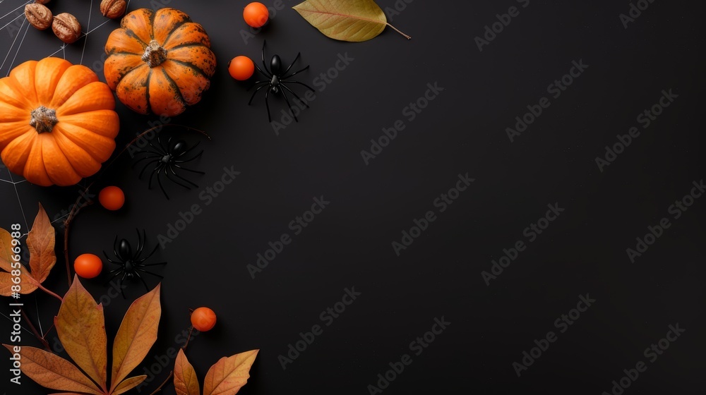 Festive Halloween flat lay, spiders, decorations, and webs on a black background, autumn holiday composition, top view, perfect for seasonal designs with copy space Festive Halloween flat lay, spiders, decorations, and webs on a black background, autumn holiday composition, top view, perfect for seasonal designs with copy space