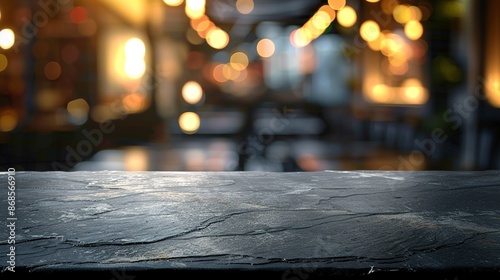 Black Stone table top and blurred bokeh cafe and restaurant banner background with vintage filter - can used for display, Copy space, Generative ai © FDStock