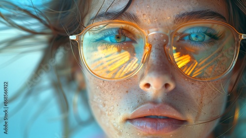 Double exposure of young woman wear sun glassed and tropical beach.
