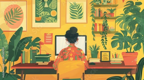 Wallpaper Mural Person in a home workspace, laptop, vibrant decor,  illustration, bright and cheerful atmosphere  Torontodigital.ca