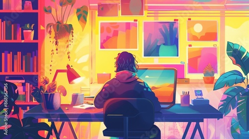 Home office setup with a cozy atmosphere, person on a laptop, colorful art, cheerful and inviting 